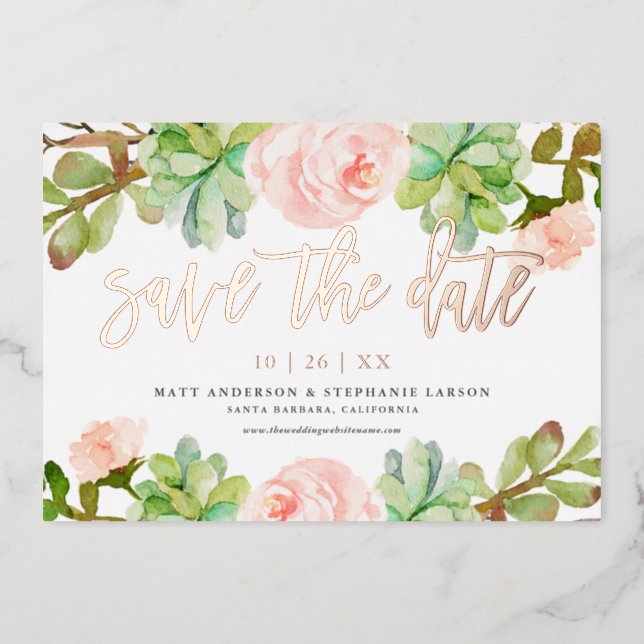 Elegant Watercolor Succulent Save The Date Foil Invitation (Front)
