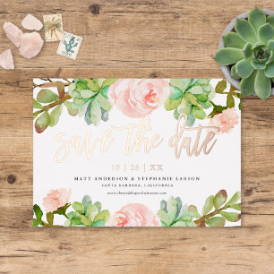 Elegant Watercolor Succulent Save The Date Foil Invitation