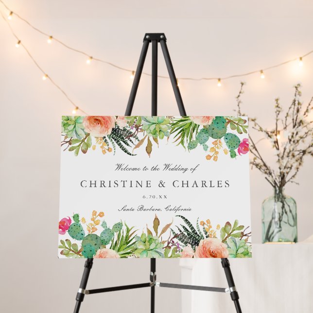 Elegant Watercolor Succulent Wedding Welcome Sign (In Situ (Stand))