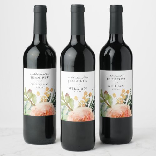 Elegant Watercolor Succulent Wreath Wedding Wine Label