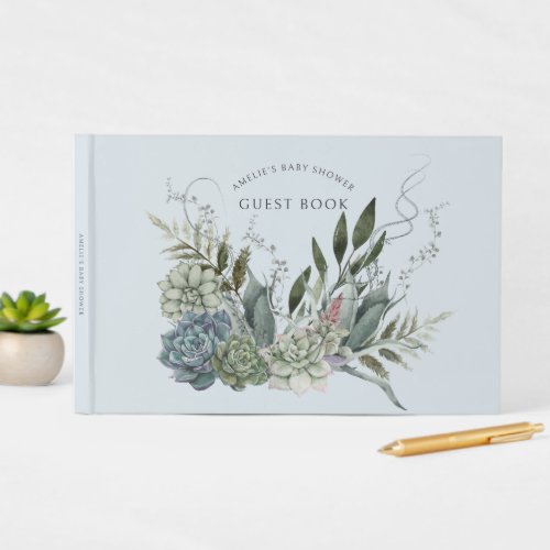 Elegant Watercolor Succulents Baby Shower Blue Guest Book