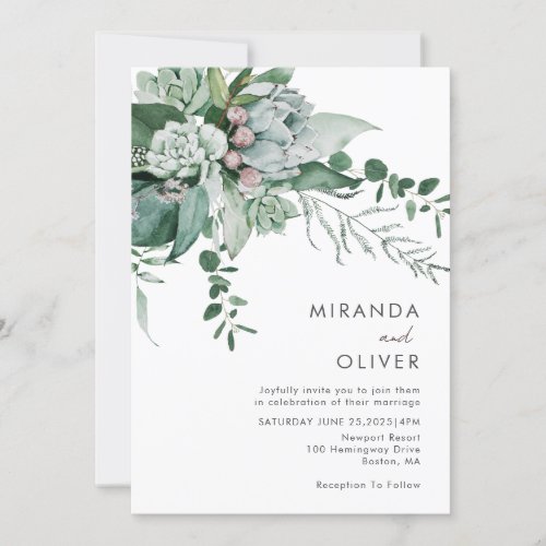 Elegant Watercolor Succulents Greenery Wedding Invitation