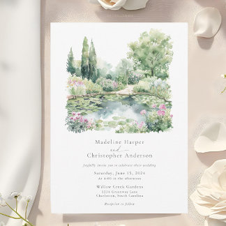 Elegant Watercolor Summer Garden Landscape Wedding Invitation