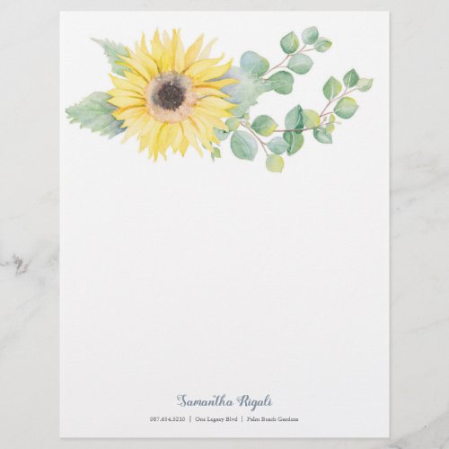 Elegant Watercolor Sunflower Eucalyptus Letterhead