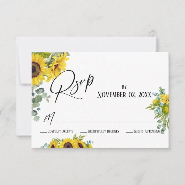 Elegant Watercolor Sunflower & Eucalyptus RSVP Car Card (Front)