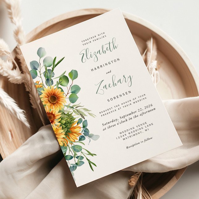 Elegant Watercolor Sunflower Eucalyptus Wedding Invitation (Creator Uploaded)