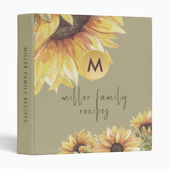 Elegant Watercolor Sunflower Family Recipe 3 Ring Binder (Front/Spine)