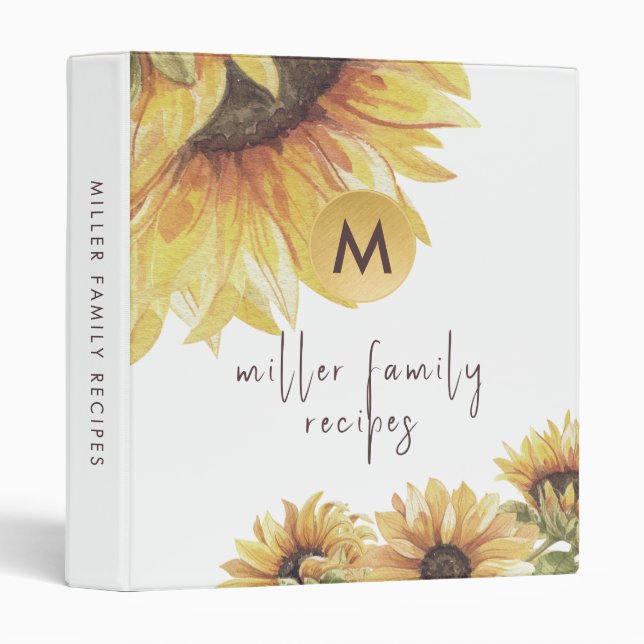 Elegant Watercolor Sunflower Family Recipe 3 Ring Binder (Front/Spine)
