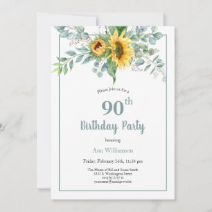 Elegant Watercolor Sunflower Floral 90th Birthday Invitation