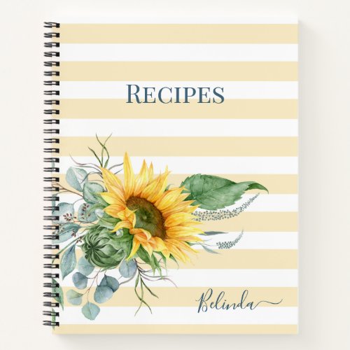 Elegant Watercolor Sunflower Floral Recipe Book