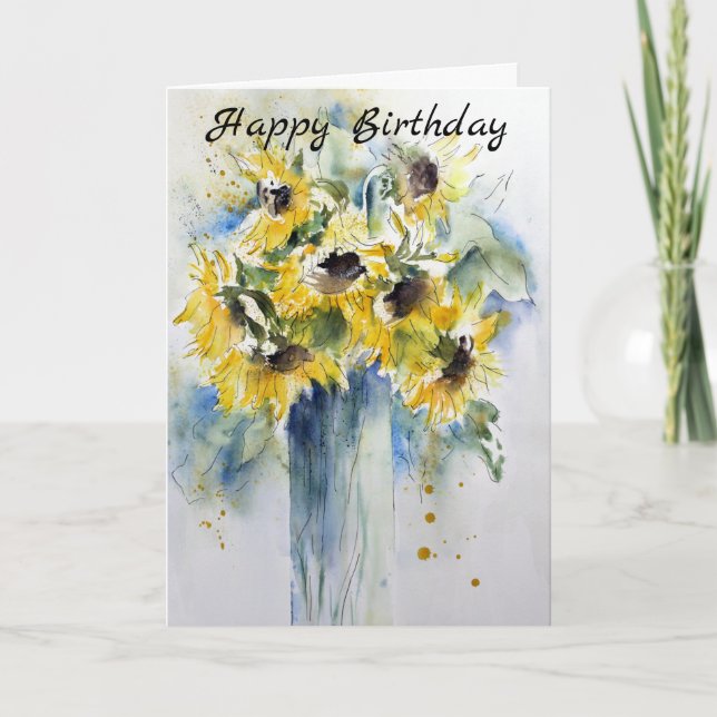 Elegant Watercolor Sunflower Happy Birthday Card (Front)