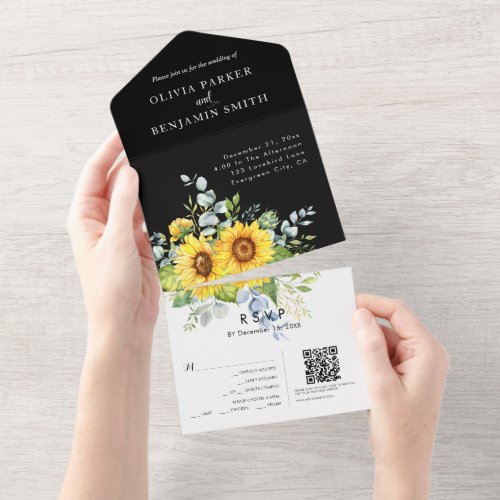 Elegant Watercolor Sunflower QR Code Black Wedding All In One Invitation