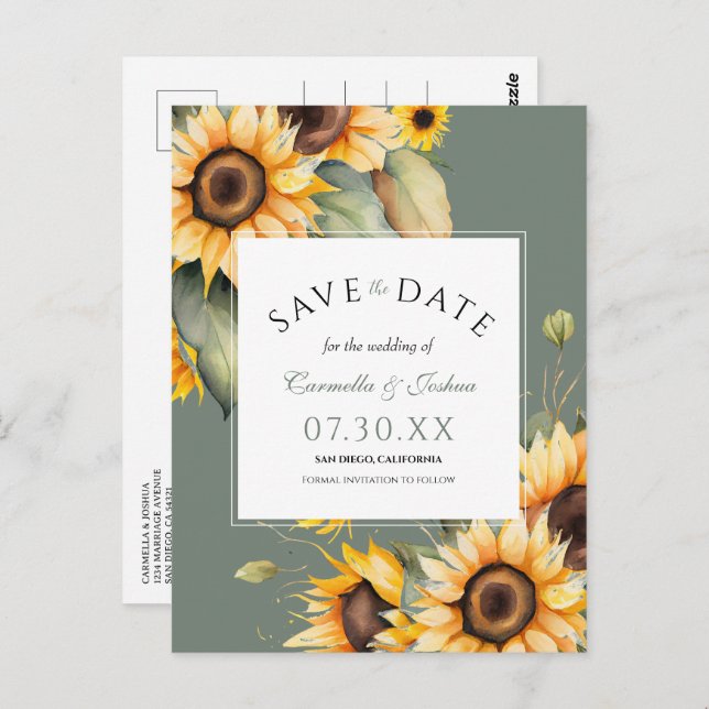 Elegant Watercolor Sunflower Sage Save The Date Postcard (Front/Back)