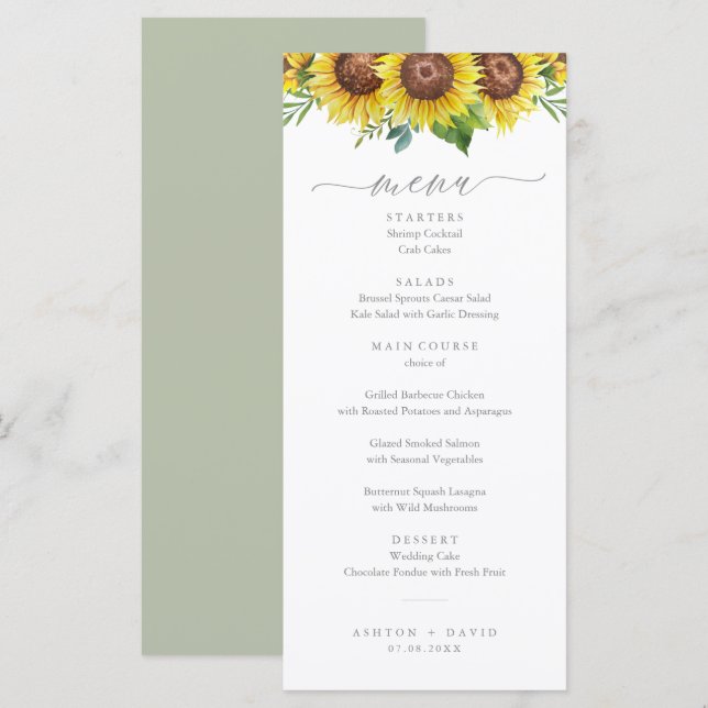 Elegant Watercolor Sunflower Wedding Menu (Front/Back)
