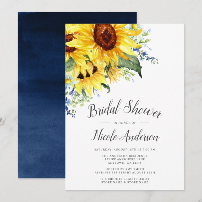 Elegant Watercolor Sunflowers Bridal Shower Invitation (Front/Back)