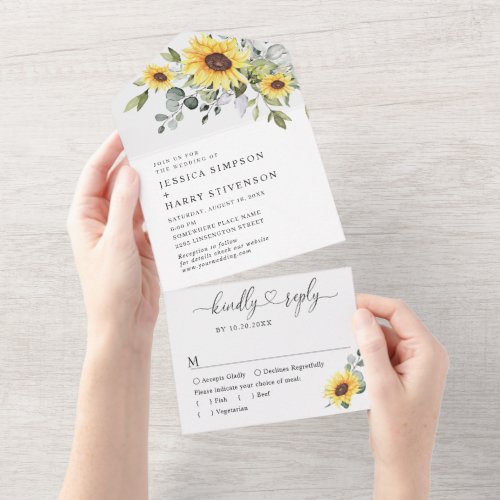 Elegant Watercolor Sunflowers Eucalyptus Wedding All In One Invitation
