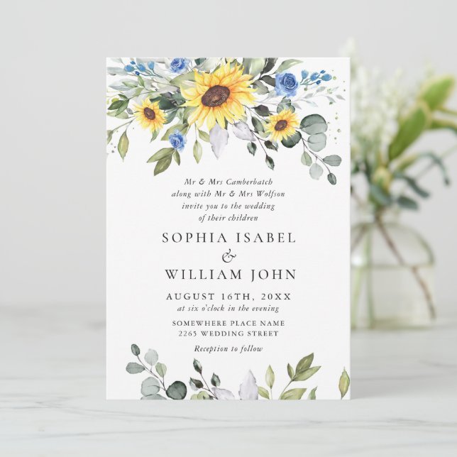 Elegant Watercolor Sunflowers Eucalyptus Wedding Invitation (Standing Front)