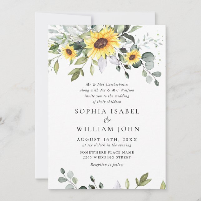 Elegant Watercolor Sunflowers Eucalyptus Wedding Invitation (Front)