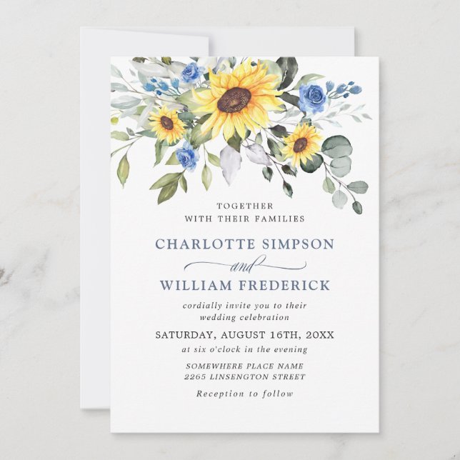 Elegant Watercolor Sunflowers Eucalyptus Wedding Invitation (Front)