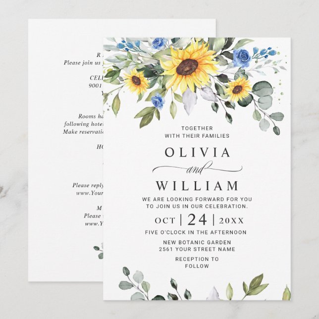 Elegant Watercolor Sunflowers Eucalyptus Wedding Invitation (Front/Back)