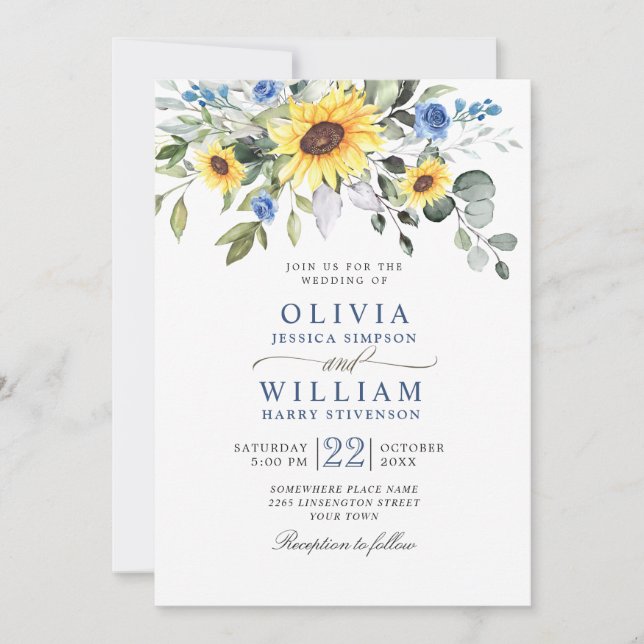 Elegant Watercolor Sunflowers Eucalyptus Wedding Invitation (Front)