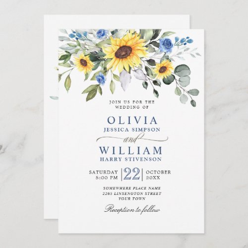 Elegant Watercolor Sunflowers Eucalyptus Wedding Invitation