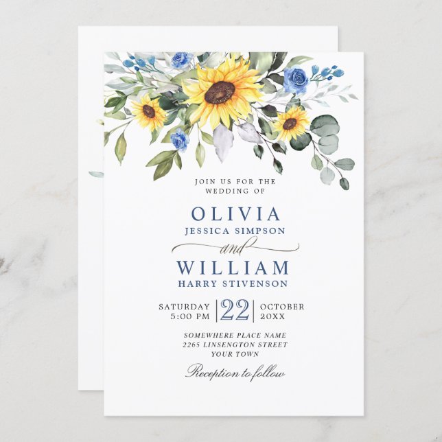 Elegant Watercolor Sunflowers Eucalyptus Wedding Invitation (Front/Back)