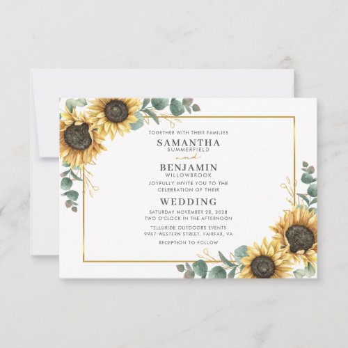 Elegant Watercolor Sunflowers Eucalyptus Wedding Invitation