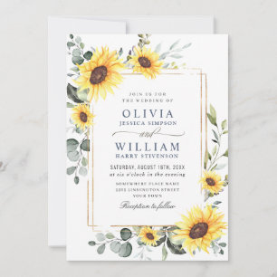 Elegant Watercolor Sunflowers Eucalyptus Wedding Invitation