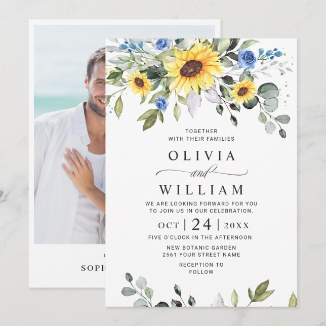 Elegant Watercolor Sunflowers Eucalyptus Wedding Invitation (Front/Back)