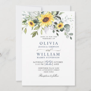 Elegant Watercolor Sunflowers Eucalyptus Wedding Invitation