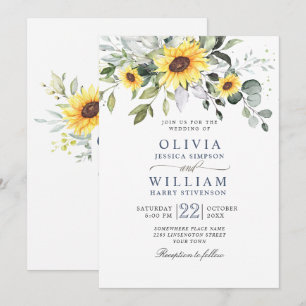 Elegant Watercolor Sunflowers Eucalyptus Wedding Invitation