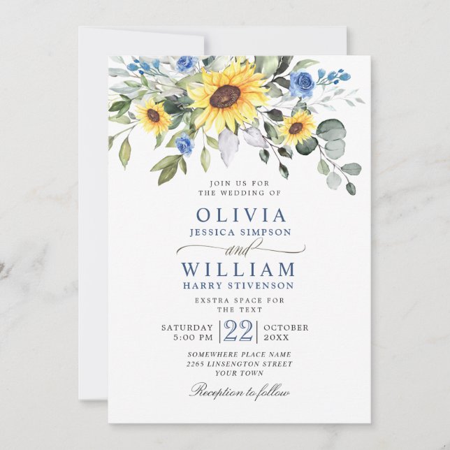 Elegant Watercolor Sunflowers Eucalyptus Wedding Invitation (Front)