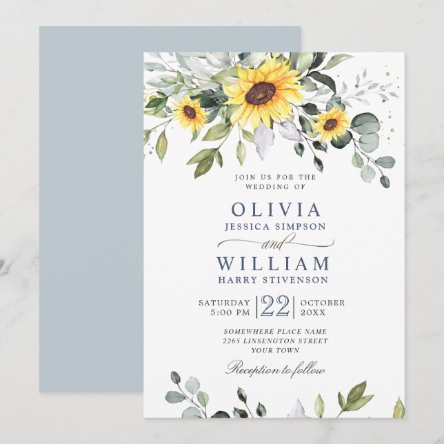 Elegant Watercolor Sunflowers Eucalyptus Wedding Invitation (Front/Back)