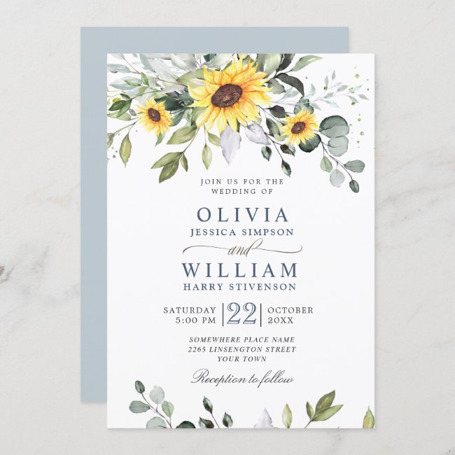 Elegant Watercolor Sunflowers Eucalyptus Wedding Invitation