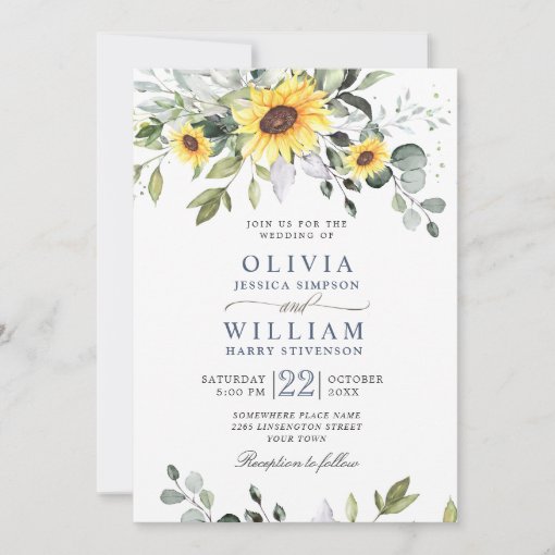 Elegant Watercolor Sunflowers Eucalyptus Wedding Invitation | Zazzle