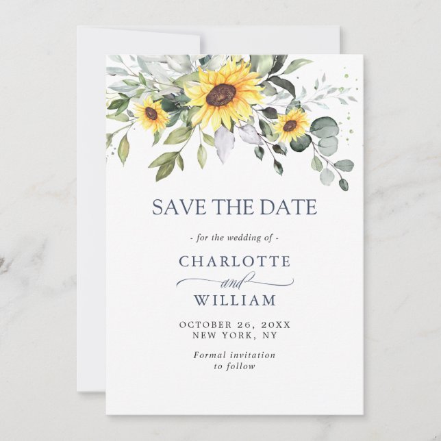 Elegant Watercolor Sunflowers Eucalyptus Wedding Save The Date (Front)