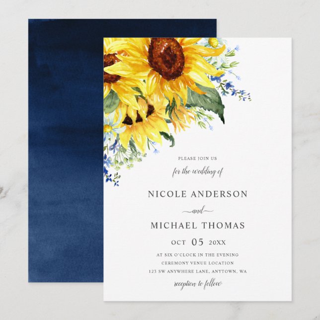 Elegant Watercolor Sunflowers Floral Wedding Invitation (Front/Back)