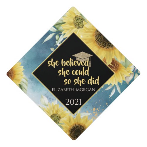 Elegant Watercolor Sunflowers Glitter Graduate Cap