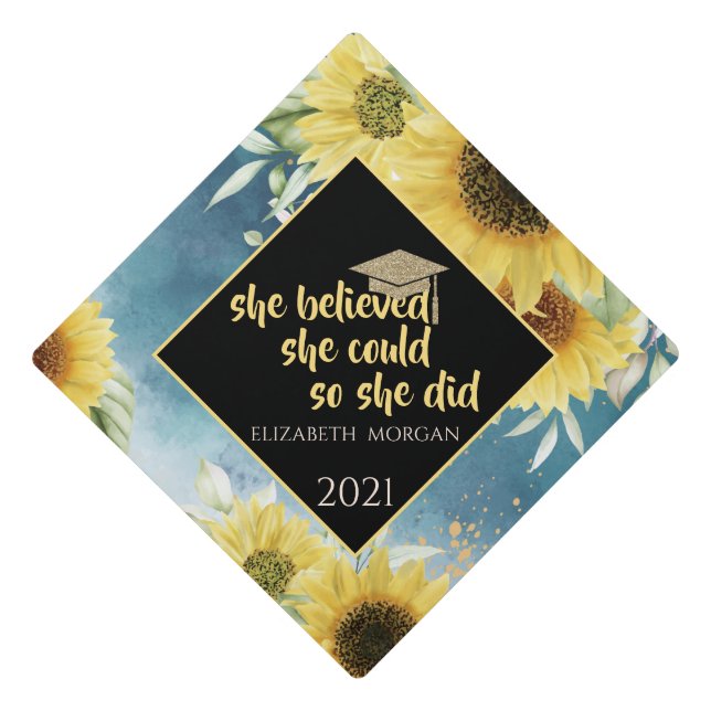 Elegant Watercolor Sunflowers Glitter Graduate Cap (Front)