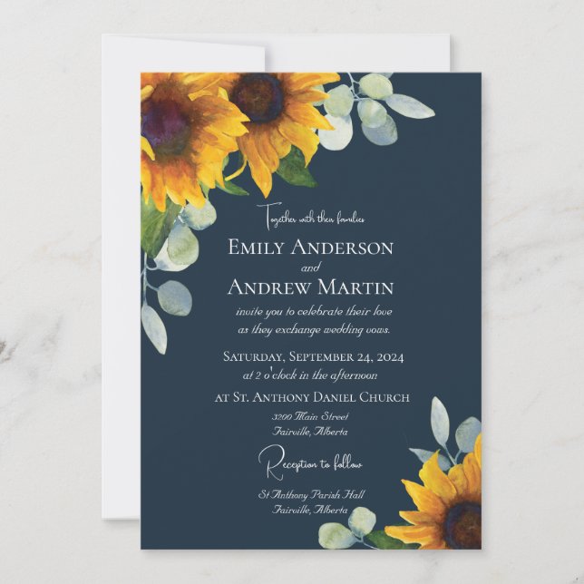 Elegant Watercolor Sunflowers Navy Blue Wedding Invitation (Front)