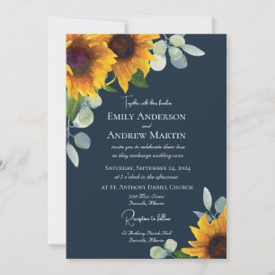 Elegant Watercolor Sunflowers Navy Blue Wedding Invitation