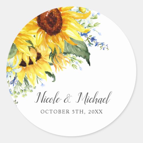 Elegant Watercolor Sunflowers Personalized Wedding Classic Round Sticker