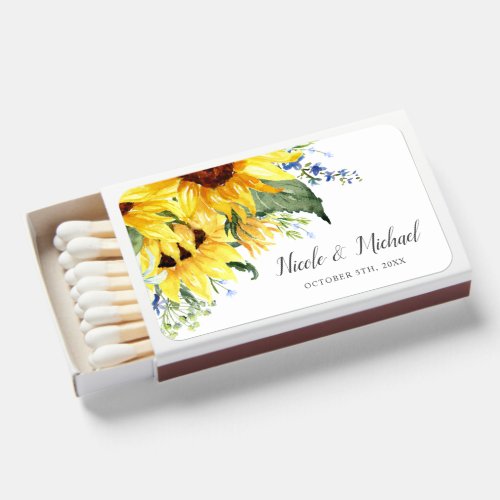 Elegant Watercolor Sunflowers Personalized Wedding Matchboxes