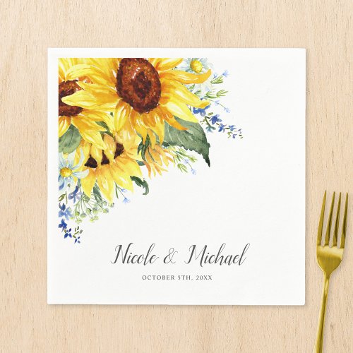 Elegant Watercolor Sunflowers Personalized Wedding Napkins