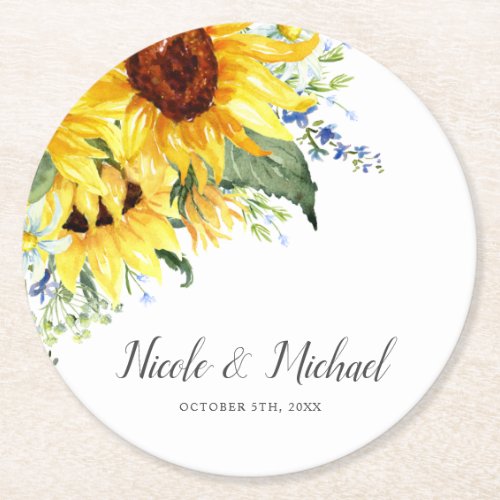 Elegant Watercolor Sunflowers Personalized Wedding Round Paper Coaster