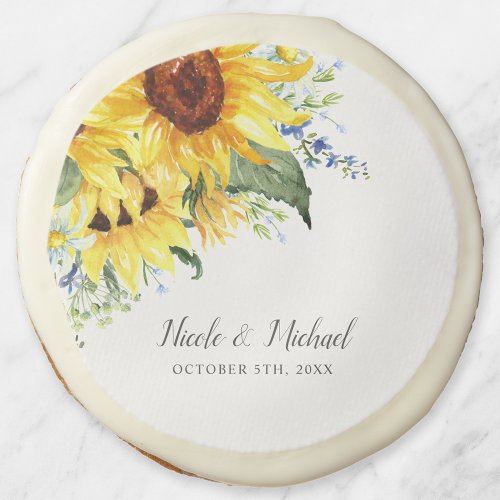 Elegant Watercolor Sunflowers Personalized Wedding Sugar Cookie