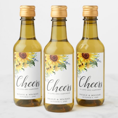 Elegant Watercolor Sunflowers Personalized Wedding Wine Label