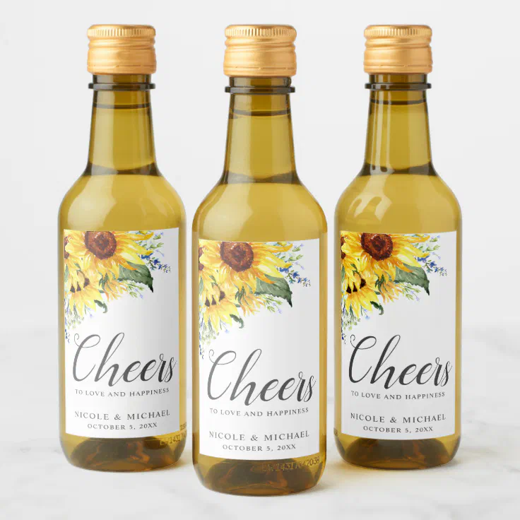 Elegant Watercolor Sunflowers Personalized Wedding Wine Label | Zazzle