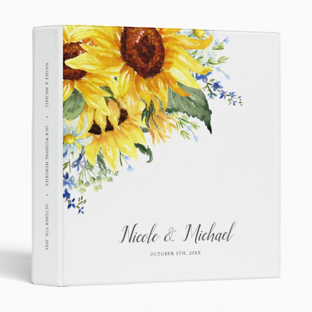 Elegant Watercolor Sunflowers Wedding 3 Ring Binder (Front/Spine)